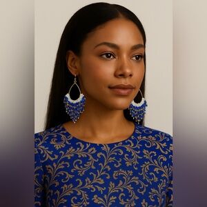 Stunning Beaded Fringe Earrings in Blue and Gold